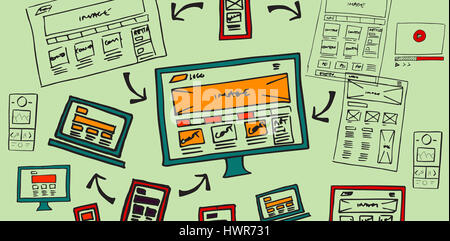 Generated image of various medium of media and technologies connected with computer against green background Stock Photo