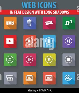 Cinema web icons in flat design with long shadows Stock Vector