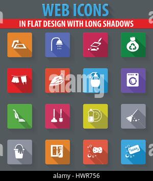 Cleaning company web icons in flat design with long shadows Stock Vector
