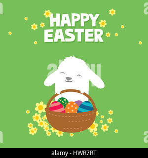 Easter bunny with basket of eggs and flowers on a green background. Cute cartoon greeting card. Stock Photo