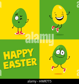 Easter greeting card with three funny eggs making silly face expressions Stock Photo