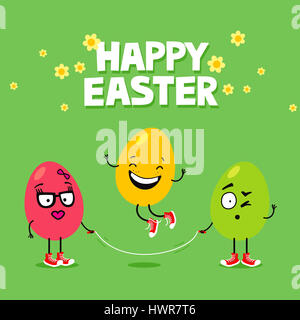 Easter eggs with funny face expressions rope jumping. Cartoon Easter greeting card Stock Photo
