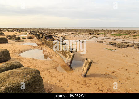 HUNSTANTON, ENGLAND - MARCH 10: Shipwreck of the wooden steam trawler 'Sheraton' on Hunstanton beach, Norfolk. HDR image. In Hunstanton, Norfolk, Engl Stock Photo