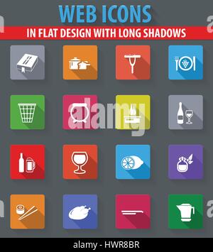 Food and kitchen web icons in flat design with long shadows Stock Vector