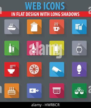 Food and kitchen web icons in flat design with long shadows Stock Vector