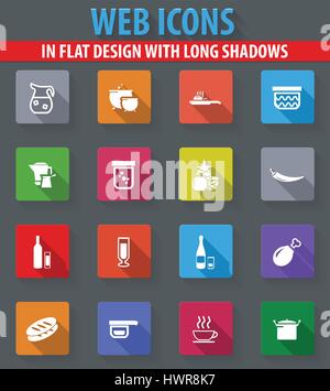 Food and kitchen web icons in flat design with long shadows Stock Vector
