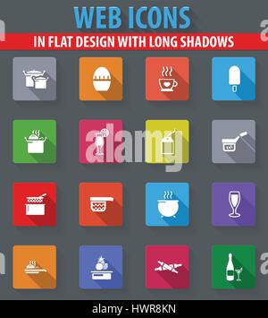 Food and kitchen web icons in flat design with long shadows Stock Vector