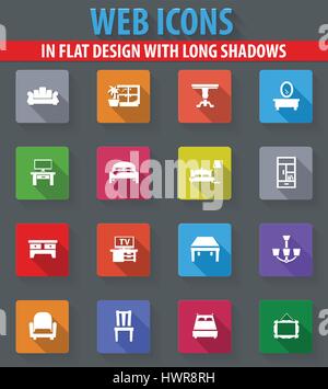 Furniture web icons in flat design with long shadows Stock Vector