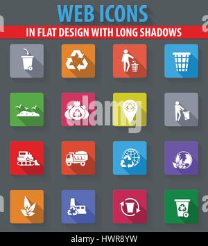 Garbage and recycling web icons in flat design with long shadows Stock Vector