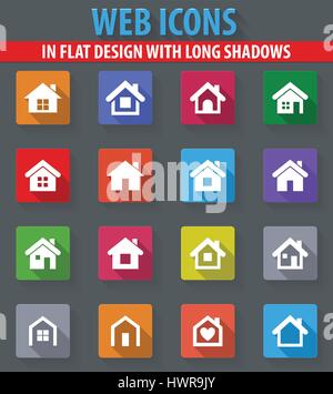 Houses web icons in flat design with long shadows Stock Vector