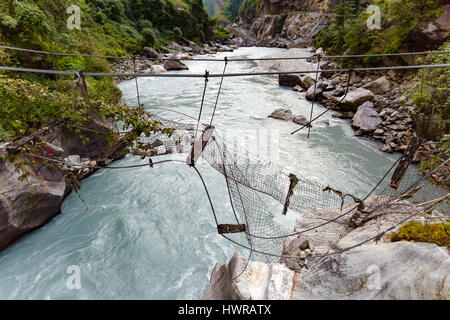 Broken Suspension Bridge in Himalayas Nepal. Looking at river in canyon, forest and green trees. Annapurna Himal Range on Annapurna Circuit Trek. Autu Stock Photo