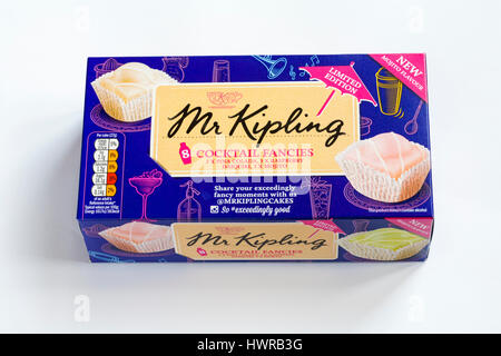 Box of Mr Kipling Cocktail Fancies isolated on white background - pina colada, raspberry daiquiri and mojito flavours Stock Photo
