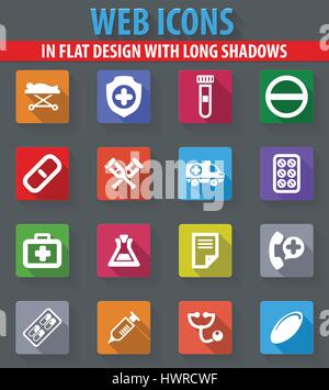 Medical web icons in flat design with long shadows Stock Vector