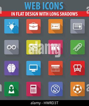 School web icons in flat design with long shadows Stock Vector
