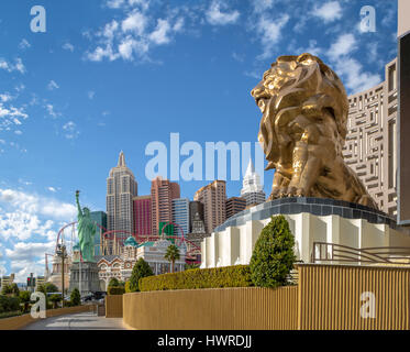 Las Vegas Strip, MGM Grand Lion and New York New York Hotel and Casino - Las Vegas, Nevada, USA Stock Photo