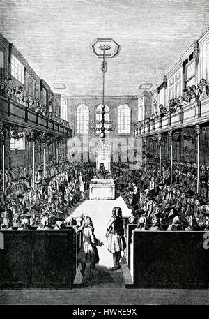 House of Commons during the reign of George II, London. Engraving by William Hogarth. 18th century Stock Photo