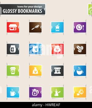 Coffee icons for your design glossy bookmarks Stock Vector
