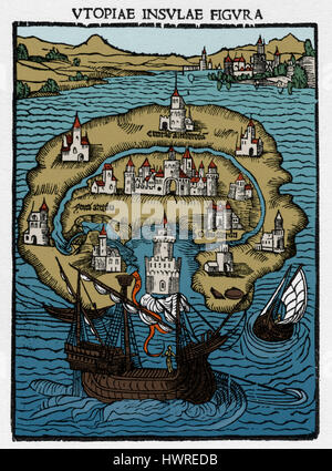 The Island of Utopia - from woodcut in Thomas More's Utopia. 1st ...