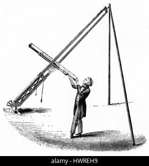 Smyth 's  Parallactic Ladder mount   Devised by the British optician and instrument maker George Dolland (1774-1852) and presented to the British astronomer William Henry Smyth (1788-1865). Its function was to act as an equatorial mount for portable telescopes, and to be cheaper and easier to construct than fixed mounts. The telescope would be moved by hand in the cradle, rather than moved by machinery. Artwork from Descriptive and Practical Astronomy by G F Chambers. Stock Photo