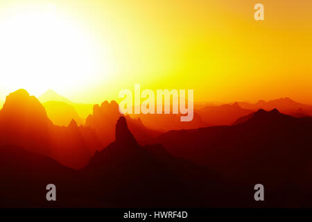 Sunrise over Sahara Desert, Hoggar mountains, Algeria Stock Photo