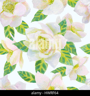 Spring pattern with flowers and plants. Watercolor floral illustration.Seamless pattern. Stock Photo