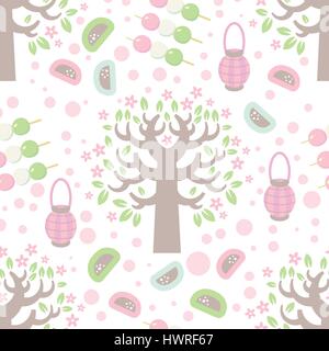 Hanami festival  seamless pattern with blooming sakura , pink lantern and hanami picnic desserts Stock Vector