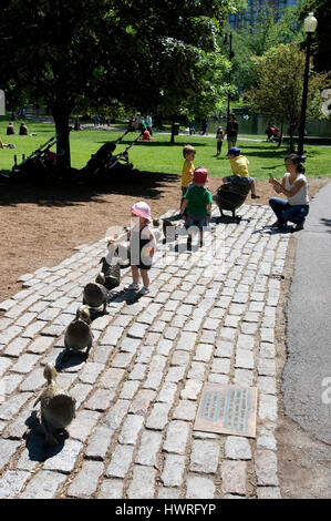 Boston Public Garden.   The Make Way for Duckings Sculpture, Boston, Massachusetts Stock Photo