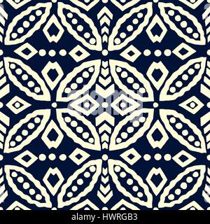 Traditional block printed geometric ornament, handmade Russian motif with circular and rhomboid shapes. Ecru on blue background. Textile print. Stock Vector