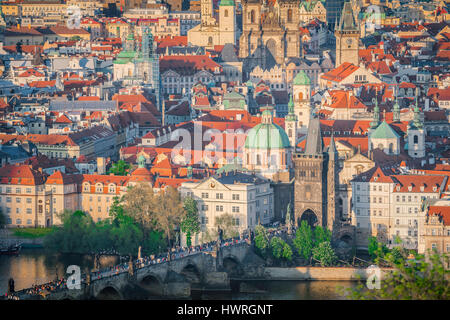 Stare Mesto Prague, aerial city view east across the River Vltava towards the Stare Mesto, the Old Town district, in the centre of Prague, Czech Rep. Stock Photo