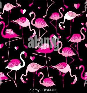 Seamless pattern from pink flamingos on a dark background Stock Vector
