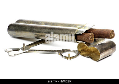 cigars in silver case with scissors isolated on white background Stock Photo