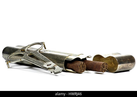 cigars in silver case with scissors isolated on white background Stock Photo