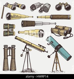 set of astronomical instruments, telescopes oculars and binoculars, quadrant, sextant engraved in vintage hand drawn or wood cut style , old sketch glasses Stock Vector