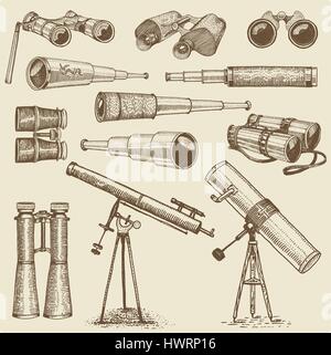 set of astronomical instruments, telescopes oculars and binoculars, quadrant, sextant engraved in vintage hand drawn or wood cut style , old sketch glasses Stock Vector