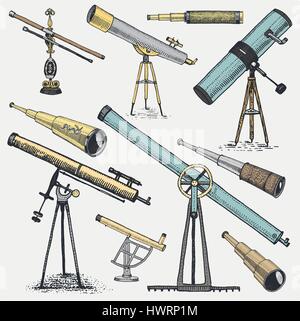 set of astronomical instruments, telescopes oculars and binoculars, quadrant, sextant engraved in vintage hand drawn or wood cut style , old sketch glasses Stock Vector