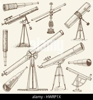 set of astronomical instruments, telescopes oculars and binoculars, quadrant, sextant engraved in vintage hand drawn or wood cut style , old sketch glasses Stock Vector