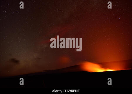 Erupting volcano in Hawaii Volcanoes National Park, Big Island, Hawaii. Night photo with long exposure Stock Photo