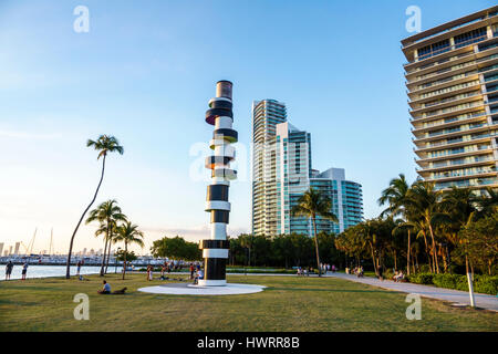 Miami Beach Florida,South Pointe Park,public park,lawn,Art in Public Places,Obstinate Lighthouse,sculpture,Tobias Rehberger,visitors travel traveling Stock Photo