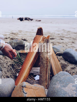 Cropped hand of man burning firewood at beach against sky Stock Photo