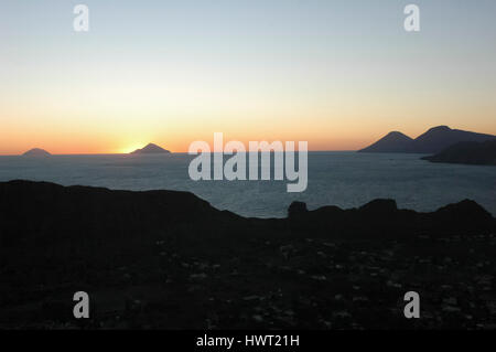 View of sundown over the Aeolian islands Stock Photo