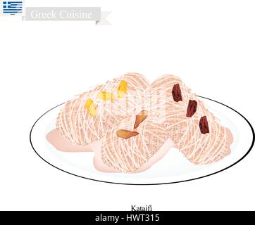 Greek Cuisine, Loukoumades or Traditional Dessert Balls Topping with Syrup and Almond. One of Most Popular Desserts in Greece. Stock Vector