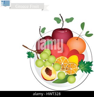 Greek Fruit, Ripe and Sweet Olive, Apple, Assyrtiko Grapes, Orange and Peach. The Most Popular Fruits of Greece. Stock Vector