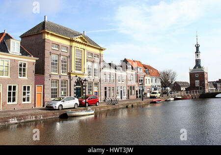 Verdronkenoord canal, central Alkmaar, Netherlands. In background early 17th century Accijnstoren (excise tax tower) at Bierkade Stock Photo