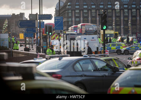 Scenes on Westminster Bridge after four people were killed (including the attacker) and 20 injured during a terrorist attack on Westminster Bridge and outside the Houses of Parliament, on 22nd March 2017, in central London, England. Parliament was in session and all MPs and staff and visitors were in lock-down while outside, the public and traffic were kept away from the area of Westminster Bridge and parliament Square, the scenes of the attack. It is believed a lone man crashed his car into pedestrians then, armed with a knife tried to enter Parliament, stabbing and killing a police officer a