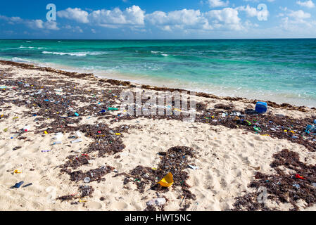 Beach covered in garbage in the Sian Kaan Biosphere Reserve near Tulum, Mexico Stock Photo