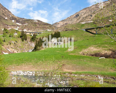 Gotthardpass, Switzerland: Beautiful sunny spring day for the day of the Feast of the Ascension. The pass is still a lot of snow in the winter Stock Photo