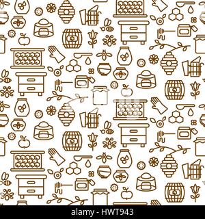 Honey outline icon seamless vector pattern. Line style monochrome beekeeping background. Stock Vector