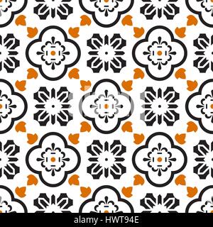 Ceramic black and white mediterranean seamless tile pattern. Geometric arabic shapes vector texture for textile and wallpaper design. Stock Vector