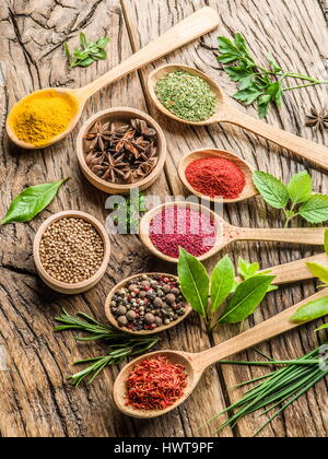 Assortment of colorful spices in the wooden spoons and herbs on the wooden table. Stock Photo