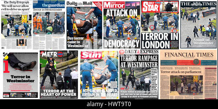 The front pages of national newspapers the day after a terrorist attack on the Palace of Westminster where police officer Keith Palmer and three members of the public died and the attacker was shot dead. Stock Photo